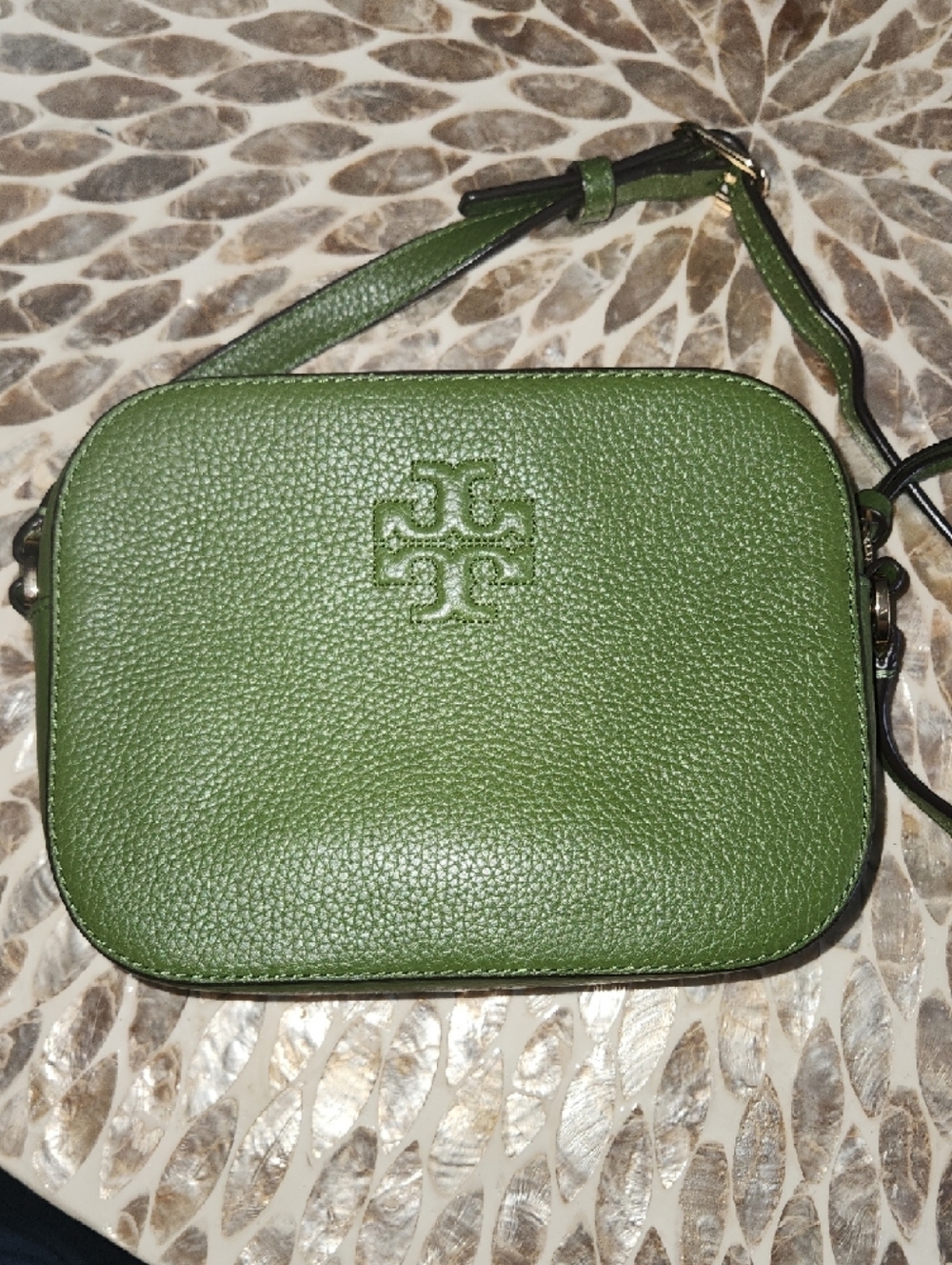 Tory Burch Olive Green Pebbled Leather Crossbody
